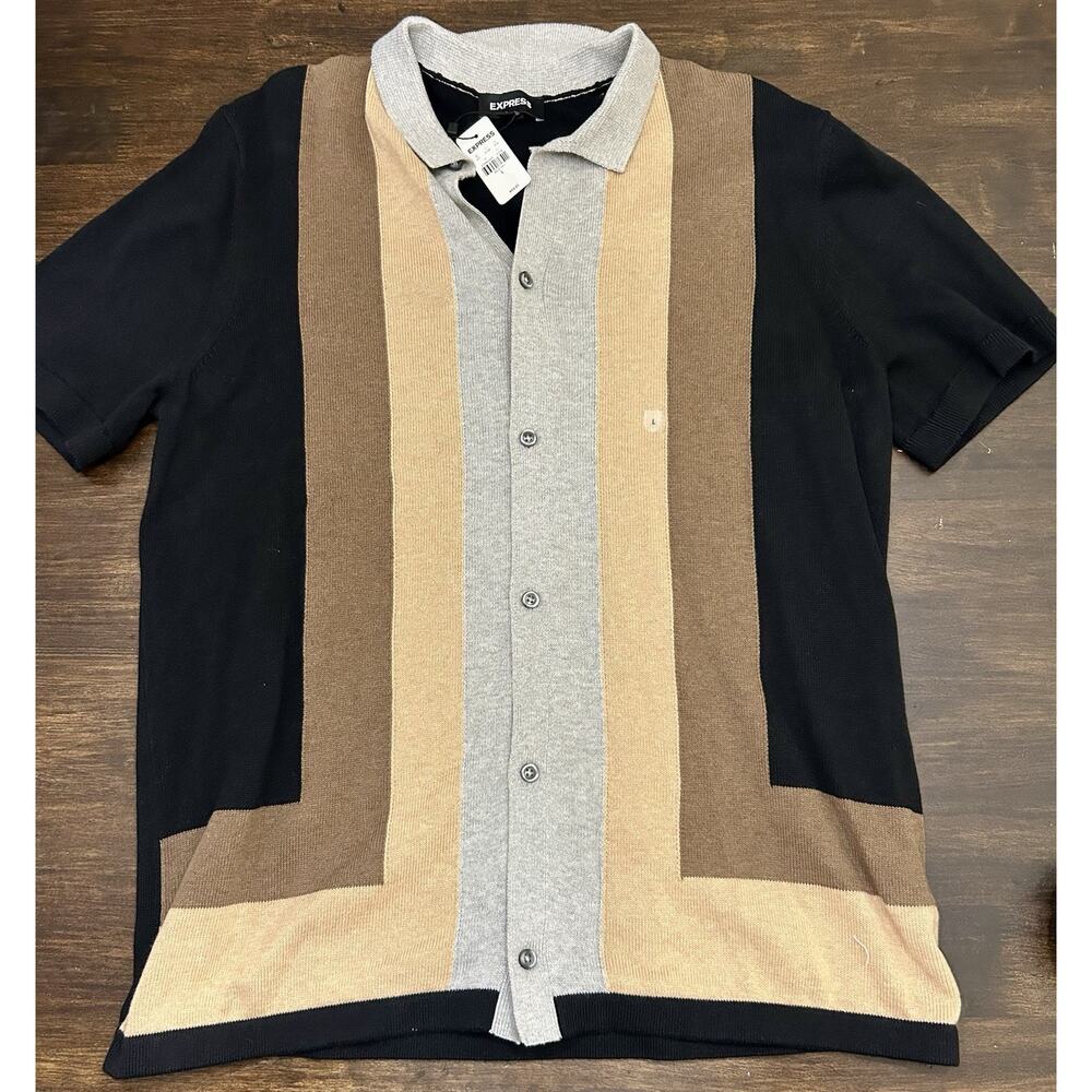 Express Sweater Men's Button Front Black Tan Gray Color Block Cotton NWT Large